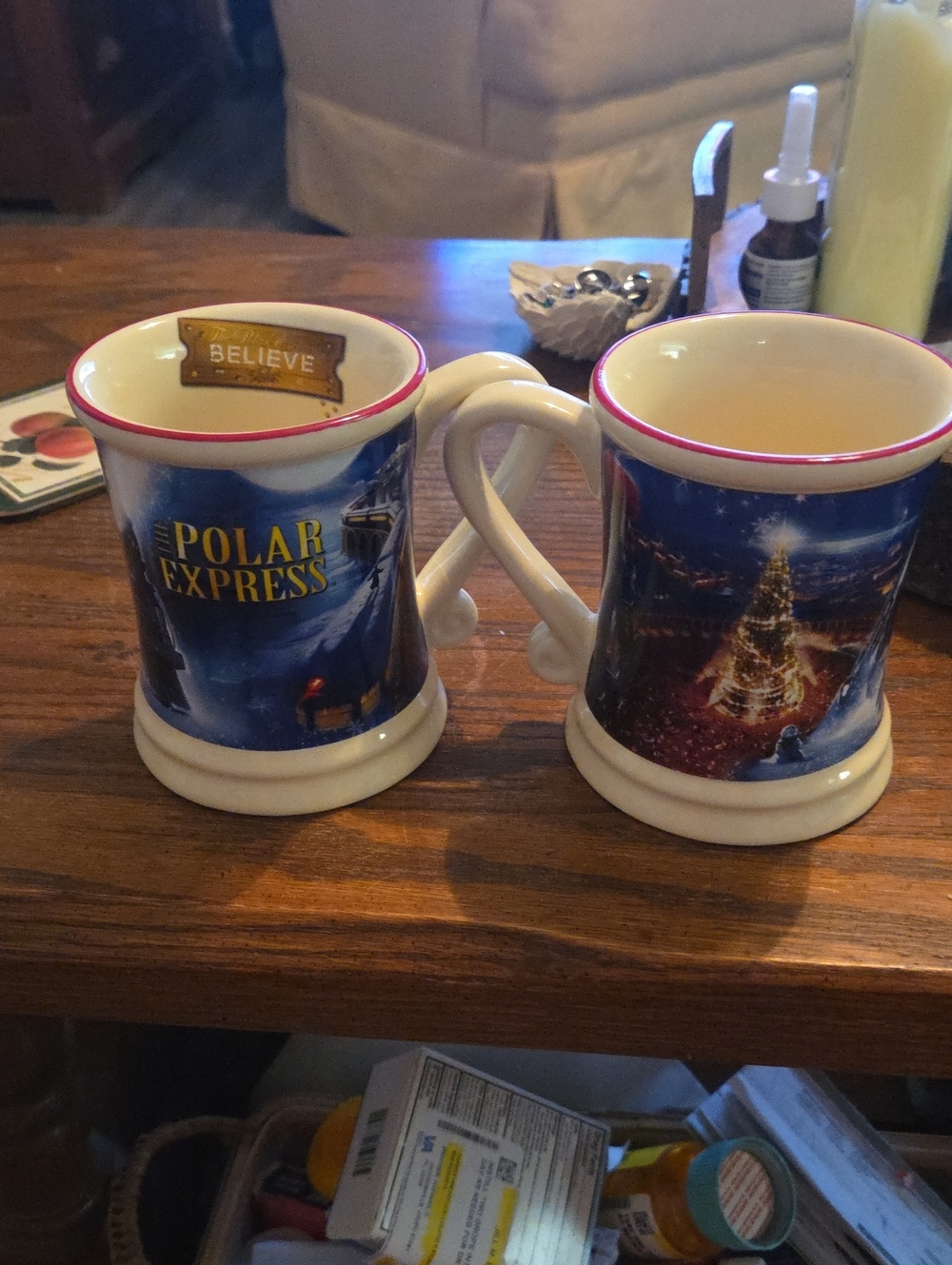 Warner Bros Ceramic Polar Express Mug Set in Blue with Red Trim 3D